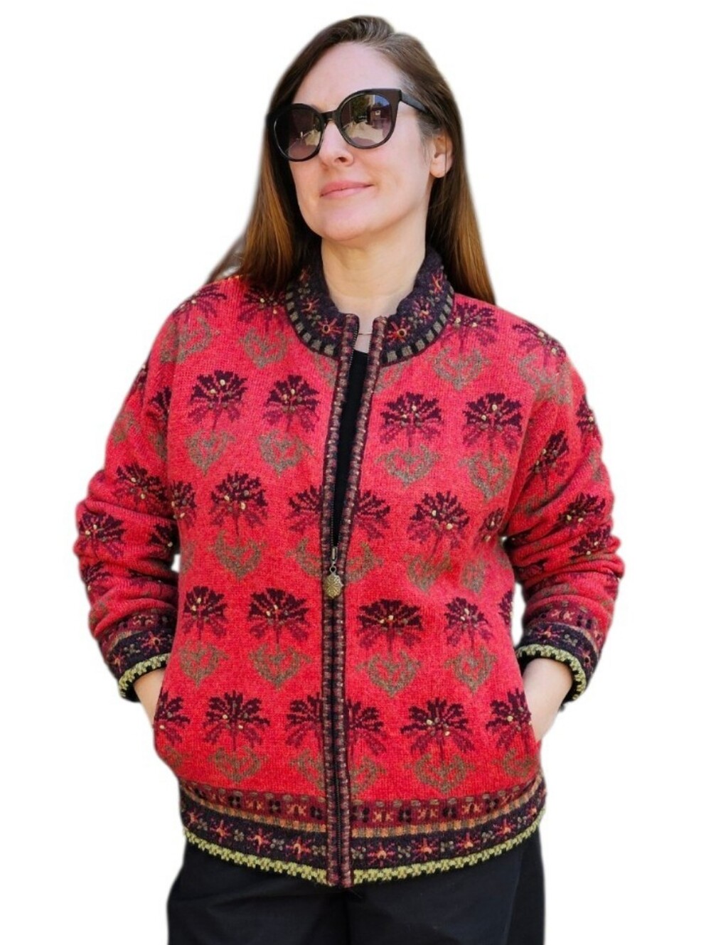 Icelandic Design Full Zip Red Black Wool Knit Lined Jacket Women's Large